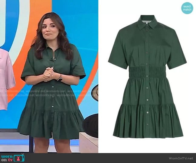 Veronica Beard Greta Short-Sleeve Button-Front Mini Dress in Forest worn by Adrianna Barrionuevo Brach on Today