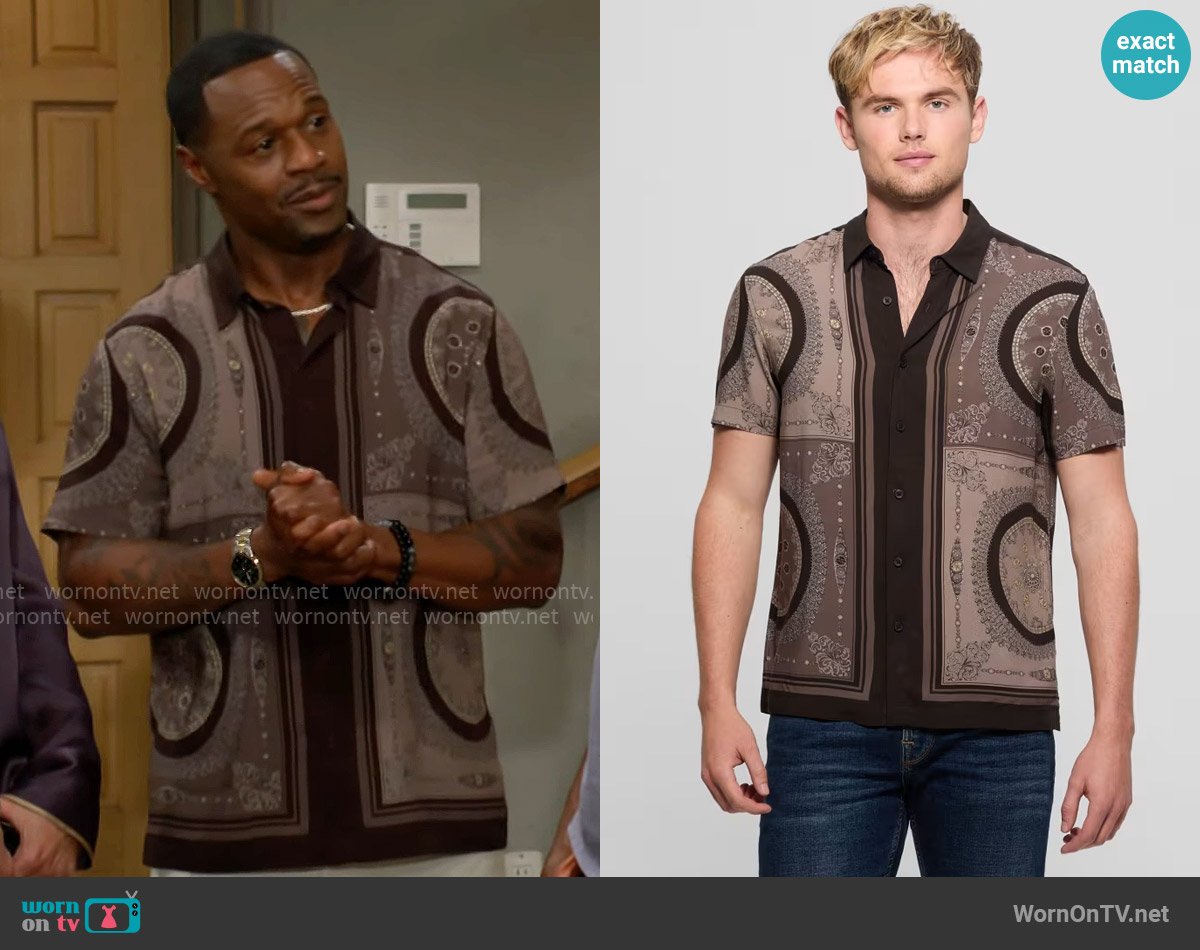 Damian’s brown and black printed shirt on The Young and the Restless