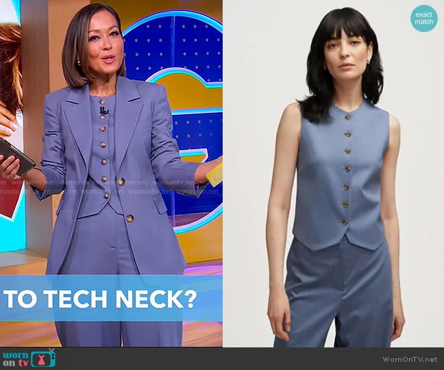 Argent High-Neck Button Waistcoat in Seasonless Wool Powder Blue worn by Eva Pilgrim on Good Morning America