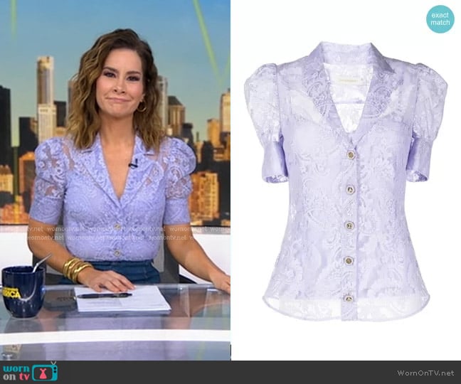 Zimmermann High Tide Blouse in Lavender worn by Rebecca Jarvis on Good Morning America