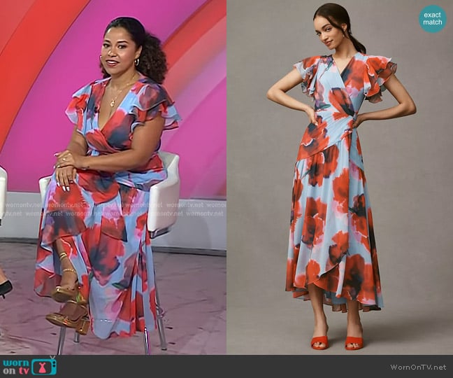 Hutch Zola Flutter-Sleeve Wrap Maxi Dress in Light Blue worn by Arianna Davis on Today