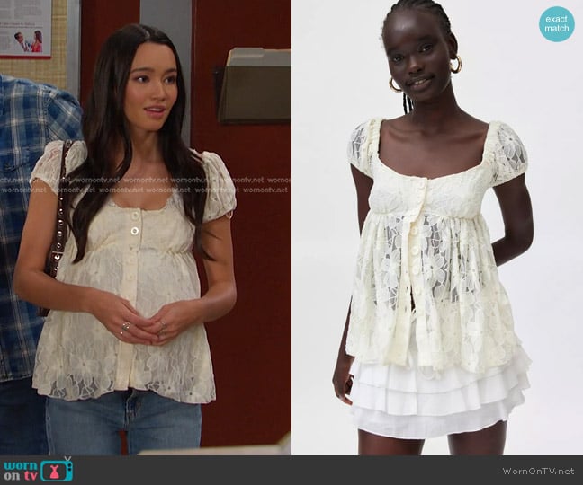 Kimchi Blue Loren Lace Babydoll Top worn by Sophia Choi (Rachel Boyd) on Days of our Lives