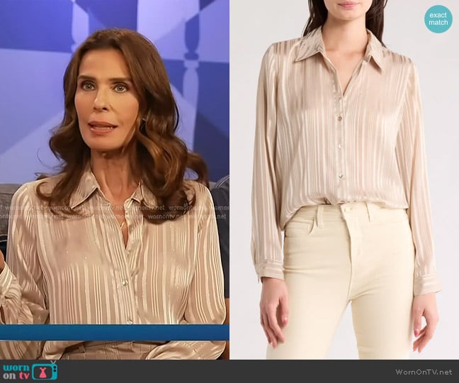 Kristian Alfonso’s beige striped blouse on Access Hollywood