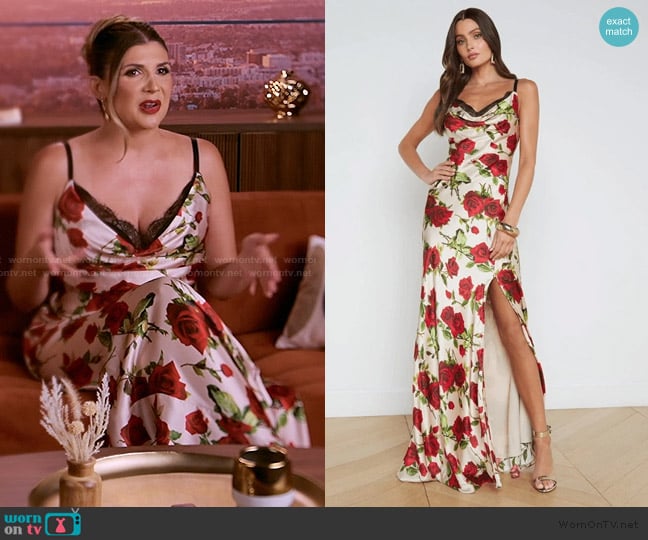 L'Agence Venice Cowl Neck Rose Floral Lace Gown Dress worn by Janet Caperna on The Valley