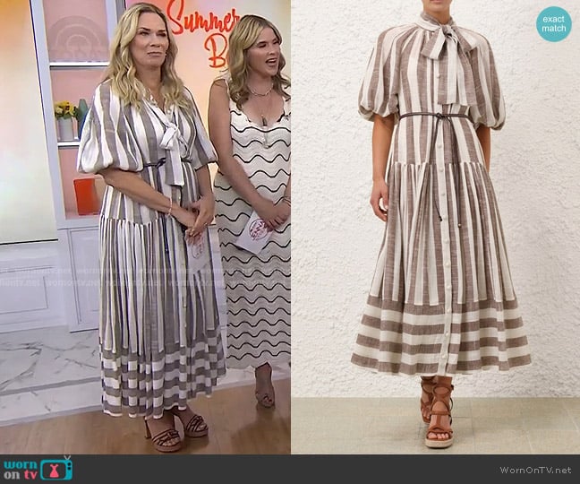 Zimmermann Acacia Blouson Shirt Dress in Chocolate/Cream Stripe worn by Leanne Morgan on Today