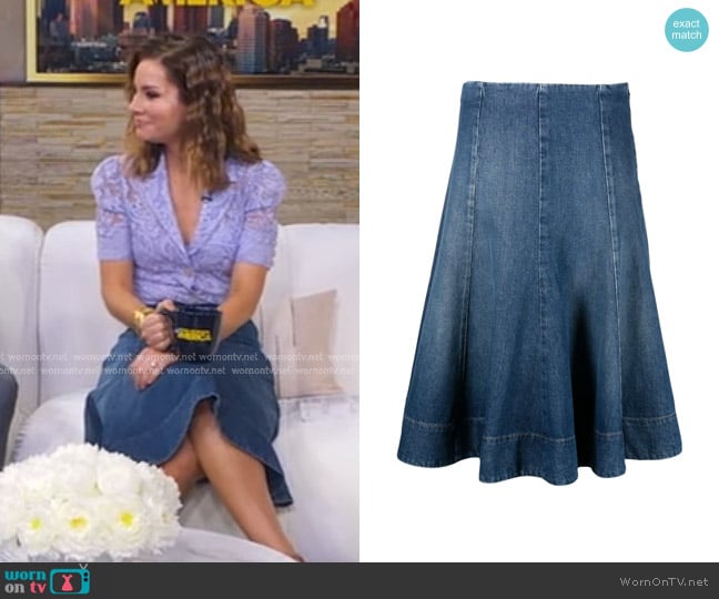 Khaite Lennox Denim Midi Skirt worn by Rebecca Jarvis on Good Morning America