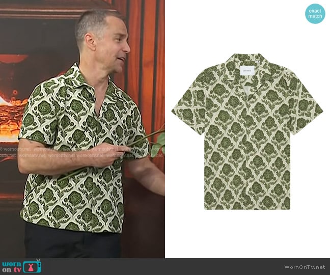 Les Deux Lesley Flower Tile Camp Shirt in Vintage Green/Ivory worn by Sam Rockwell on Today