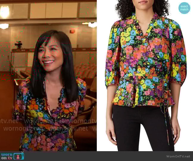 Les Reveries Puff Sleeve Wrap Top worn by Weijia Jiang on CBS Mornings