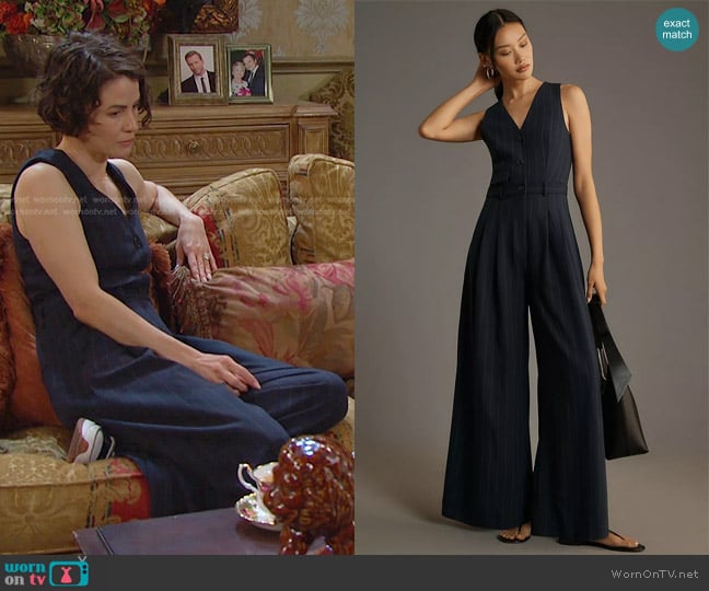 Maeve Avery Pinstripe Wide-Leg Jumpsuit worn by Sarah Horton (Linsey Godfrey) on Days of our Lives