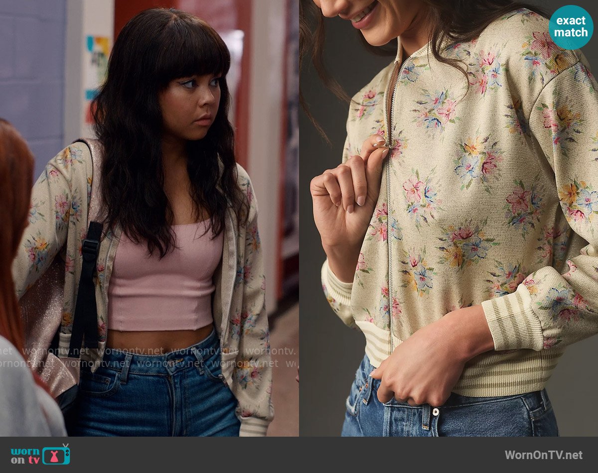 Maeve at Anthropologie Lurex Printed Knit Bomber Jacket worn by Norah (Chelsea Clark) on Ginny & Georgia
