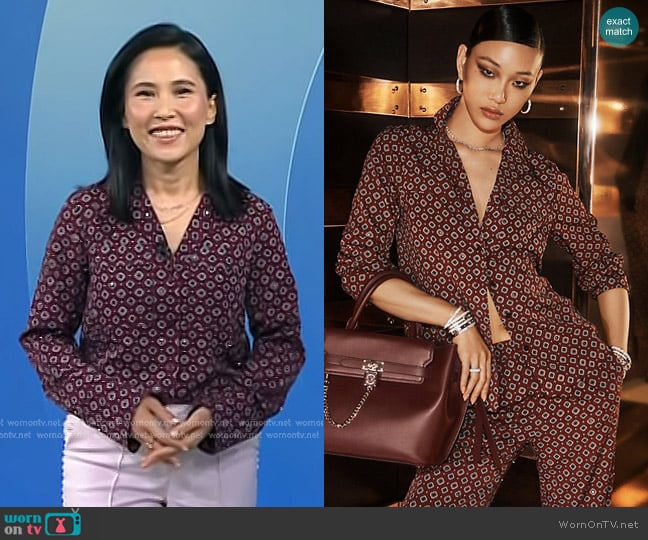 Michael Kors Studded Medallion Crushed Crepe Pajama Shirt in Merlot worn by Vicky Nguyen on Today
