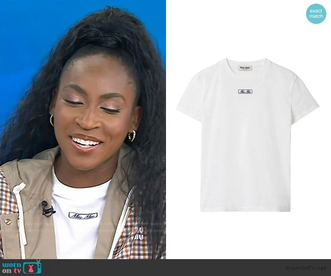 Miu Miu Logo-embroidered cotton T-shirt worn by Coco Gauff on Today
