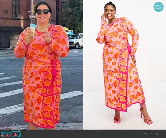 Never Fully Dressed Plus Knit Wrap Midi Dress in pink and orange leopard worn by Katie Sturino on Today