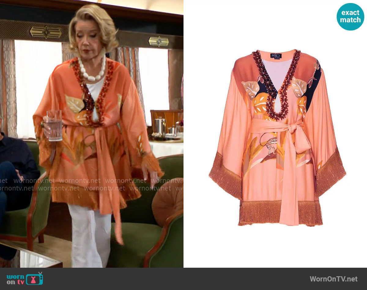 PatBo Bananier Embellished Printed Mini Caftan worn by Nikki Reed Newman (Melody Thomas-Scott) on The Young and the Restless