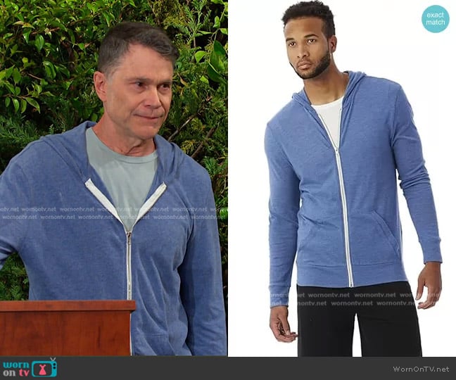 Alternative Heathered Zip Hoodie in Eco True Ocean Blue worn by Bo Brady (Peter Reckell) on Days of our Lives
