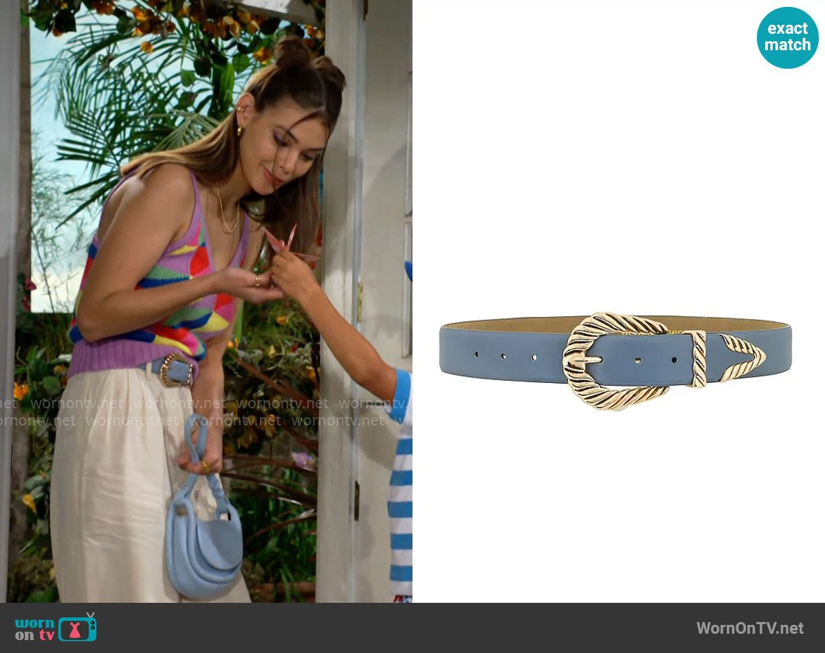 Petit Moments Modern Rodeo Belt in Dusty Blue worn by Electra Forrester (Laneya Grace) on The Bold and the Beautiful