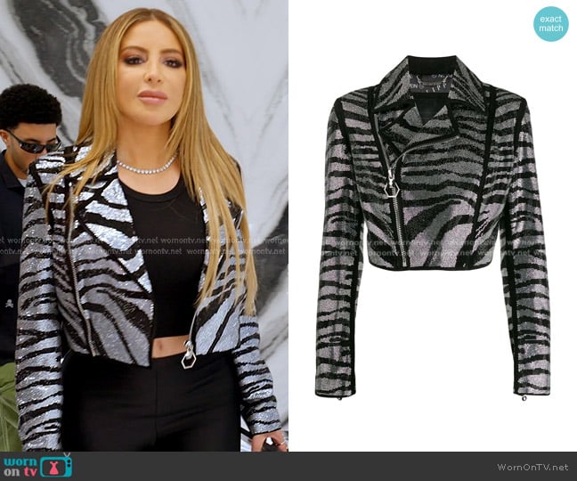 Philipp Plein Zebra-pattern Crystal Biker Jacket worn by Larsa Pippen (Larsa Pippen) on The Real Housewives of Miami