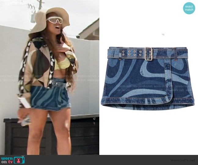 Pucci Marmo-print denim miniskirt worn by Drew Sidora on The Real Housewives of Atlanta