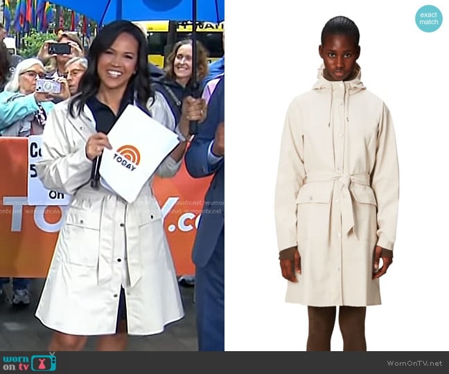 Rains Curve W Long Jacket W3 in Dune worn by Laura Jarrett on Today