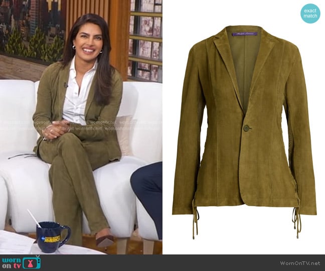 Ralph Lauren Collection Jessamine Lamb-Suede Jacket in Moss worn by Priyanka Chopra on Good Morning America