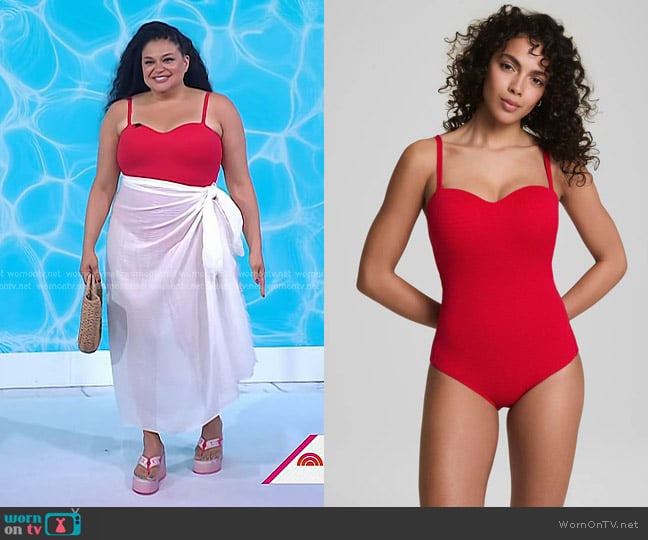 Spanxshape Swim Convertible Pique Bandeau One-Piece in Spanx Red worn by Michelle Buteau on Today