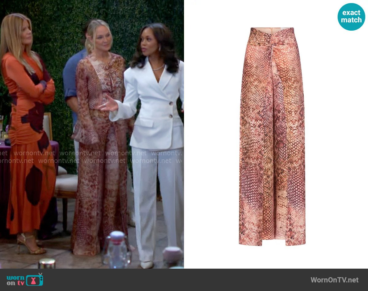 Silvia Tcherassi Canturipe Snake Print Satin Twist-Front Wide-Leg Pants worn by Sharon Newman (Sharon Case) on The Young and the Restless