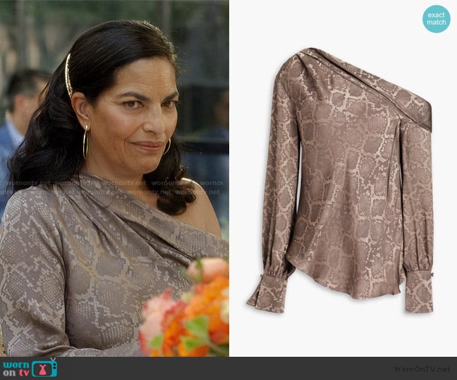 Simkhai Affogato one-shoulder snake-print satin-jacquard top worn by Seema Patel (Sarita Choudhury) on And Just Like That