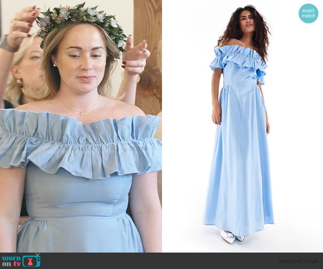 ASOS Sister Jane gathered bardot maxi dress in blue worn by Whitney Leavitt on The Secret Lives of Mormon Wives