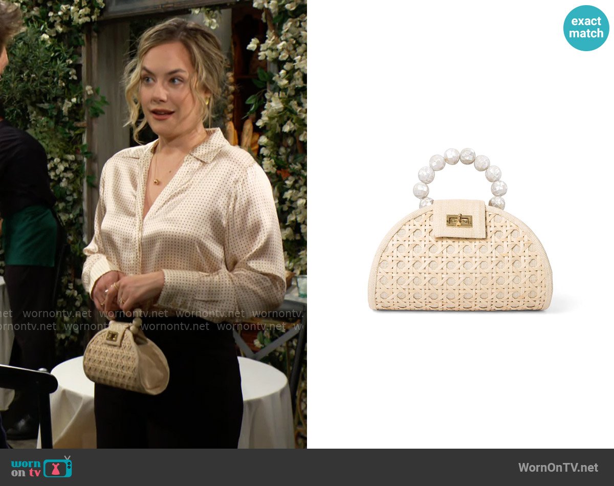 Soli & Sun The Bella White & Cream Rattan Woven Handbag worn by Hope Logan (Annika Noelle) on The Bold and the Beautiful