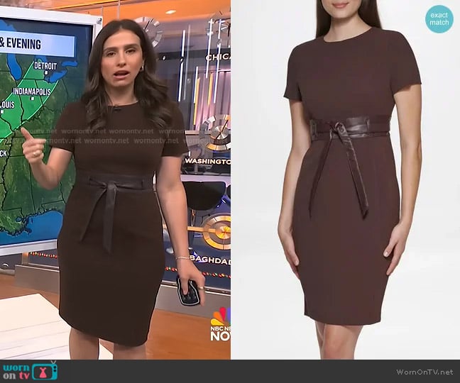 Calvin Klein Solid Faux-Leather Tie-Waist Sheath Dress worn by Angie Lassman on NBC News Daily