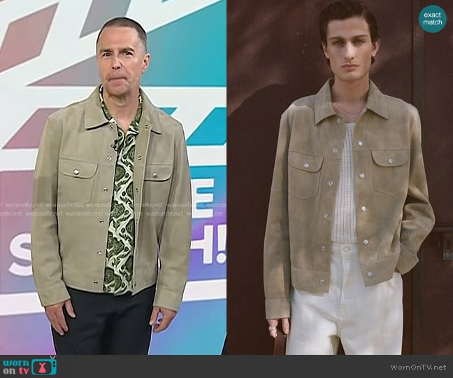 Frame Suede Trucker Jacket in Oxford Beige worn by Sam Rockwell on Today