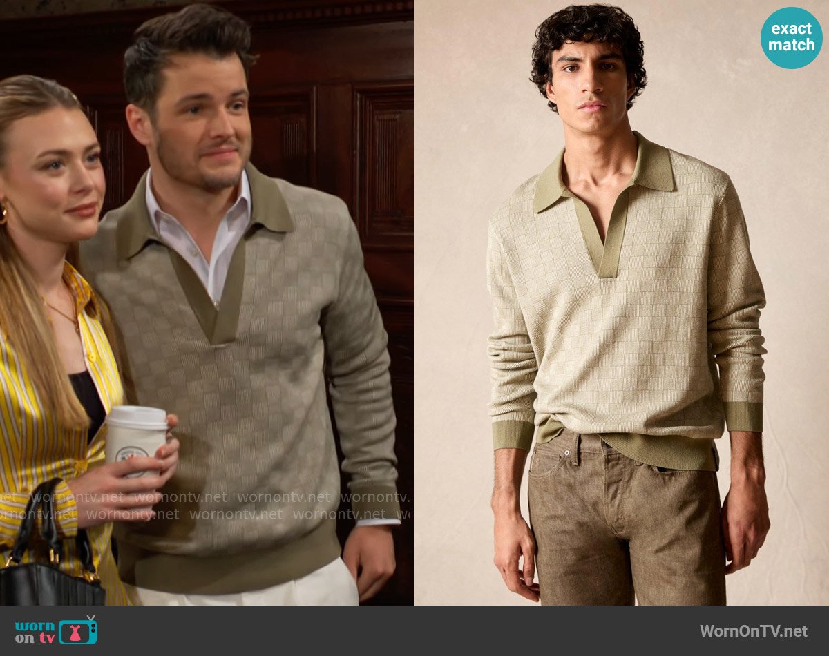 Todd Snyder Relaxed Silk-cotton Montauk Sweater Polo in Green worn by Kyle Abbott (Michael Mealor) on The Young and the Restless
