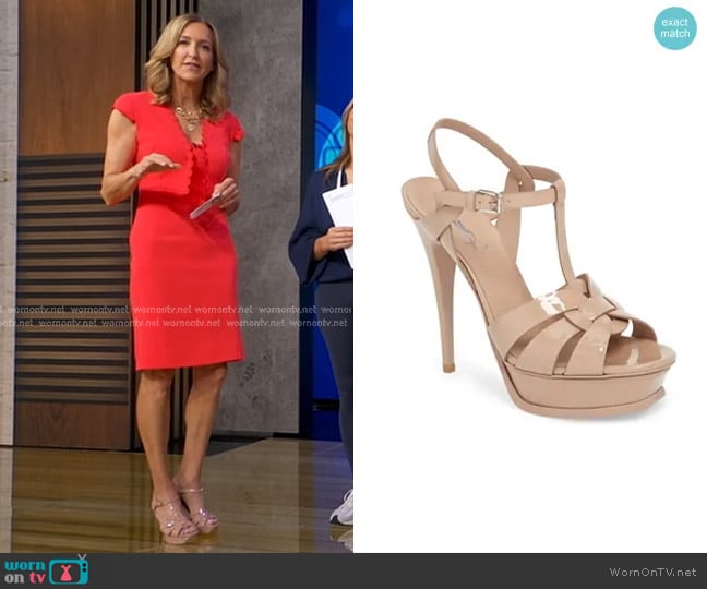 Saint Laurent Tribute T-Strap Platform Sandal in Nude Rose worn by Lara Spencer on Good Morning America