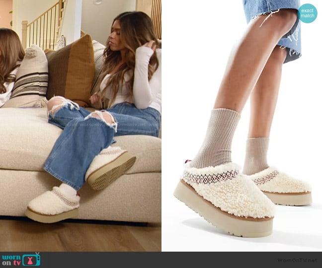 Ugg Tazz braid platform mules in white borg worn by Taylor Frankie Paul on The Secret Lives of Mormon Wives