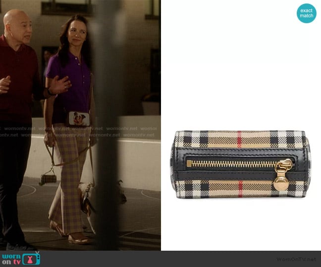 Burberry Vintage Check cotton barrel bag charm worn by Charlotte York (Kristin Davis) on And Just Like That