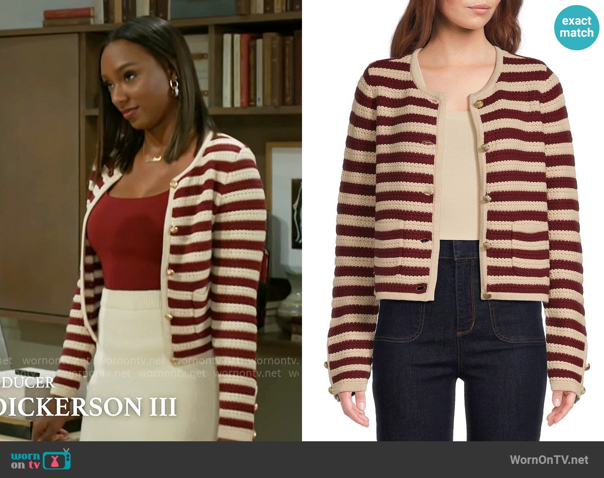 A Loves A Knit Wool Blend Striped Crew Neck Long Sleeve Embellished Button Front Cardigan worn by Laura Peterson (Destiny Love) on Beyond the Gates