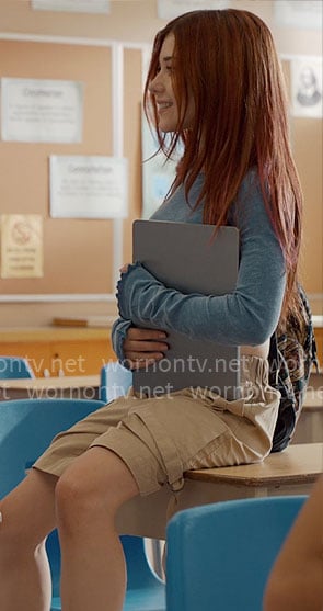 Abby’s blue long sleeve crop top and cargo shorts on Ginny & Georgia