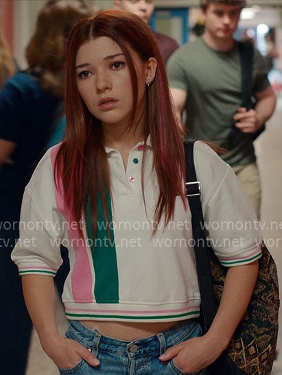 Abby's pink and green striped teddy polo on Ginny & Georgia