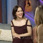 Rachel Brosnahan’s burgundy cold shoulder vest and pants on The Kelly Clarkson Show