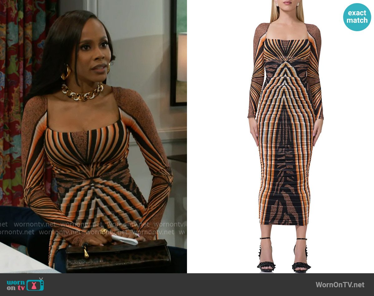 AFRM Maggie Dress in Caramel Animal worn by Hayley Lawson (Marquita Goings) on Beyond the Gates
