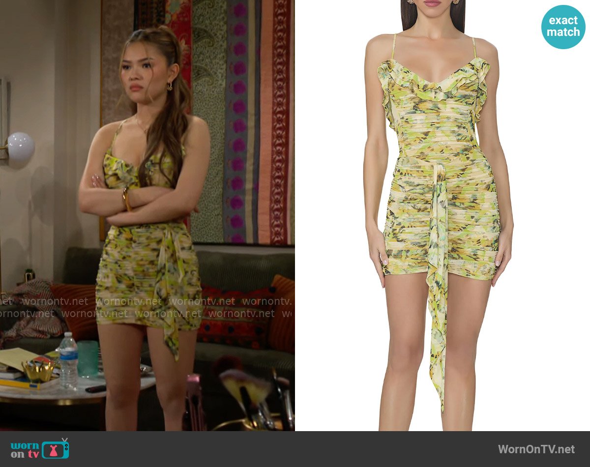 AFRM Mackie Dress in Lime Wing worn by Luna (Lisa Yamada) on The Bold and the Beautiful