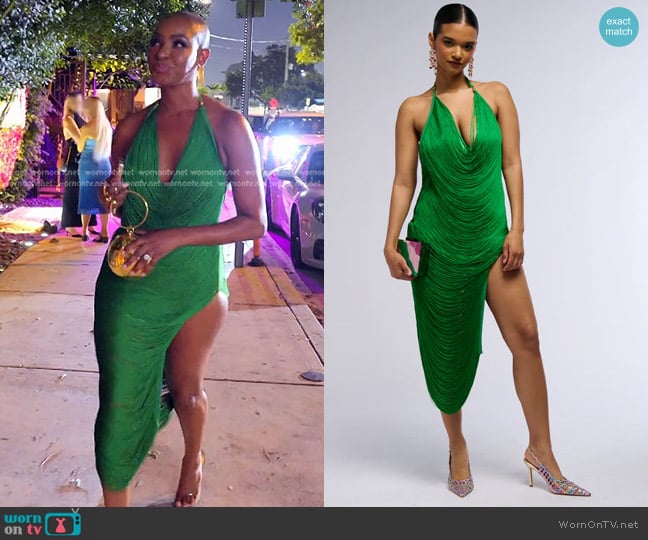 Akira Gianina Fringed Cowl Neck Maxi Dress in Green worn by Guerdy Abraira (Guerdy Abraira) on The Real Housewives of Miami