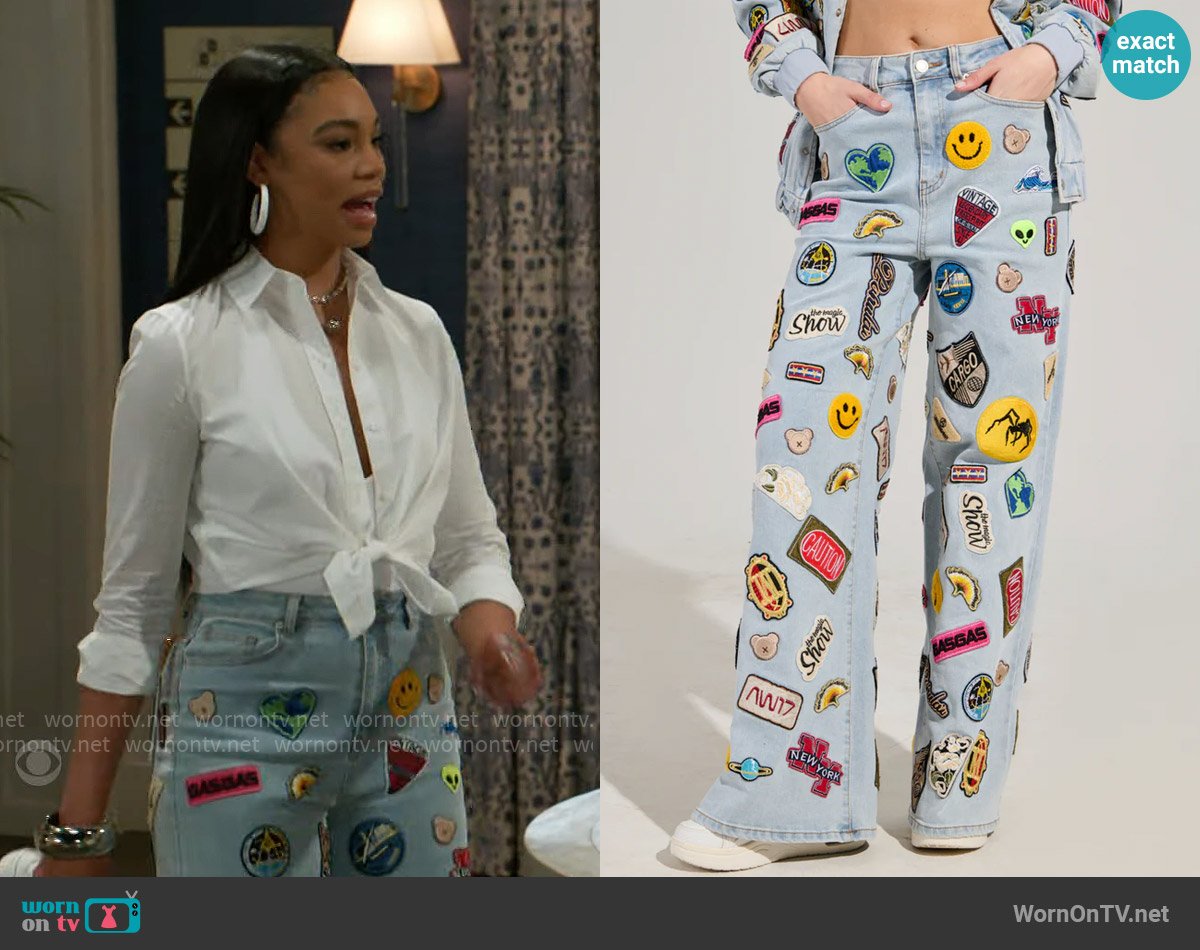 Akira Austin Wide Leg Patch Denim Jeans worn by Chelsea Hamilton (RhonniRose Mantilla) on Beyond the Gates