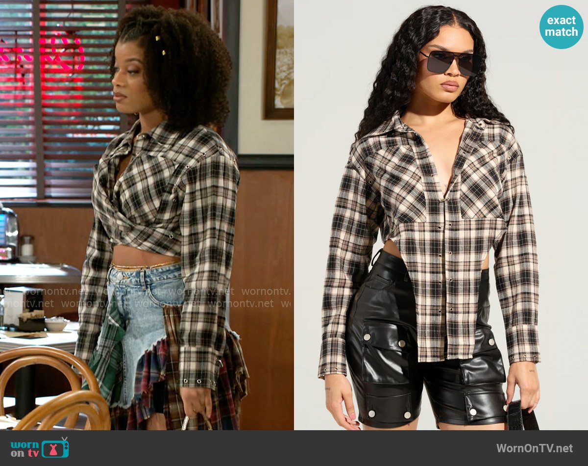 Akira Miss Perfect Plaid Button Down worn by Eva Thomas (Ambyr Michelle) on Beyond the Gates