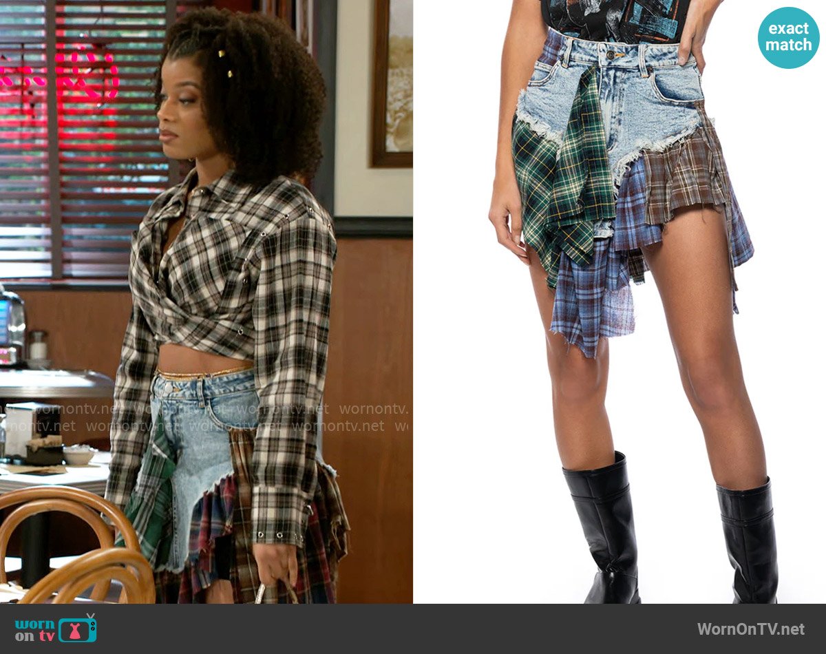 Akira Out And About Flannel Denim Skirt worn by Eva Thomas (Ambyr Michelle) on Beyond the Gates