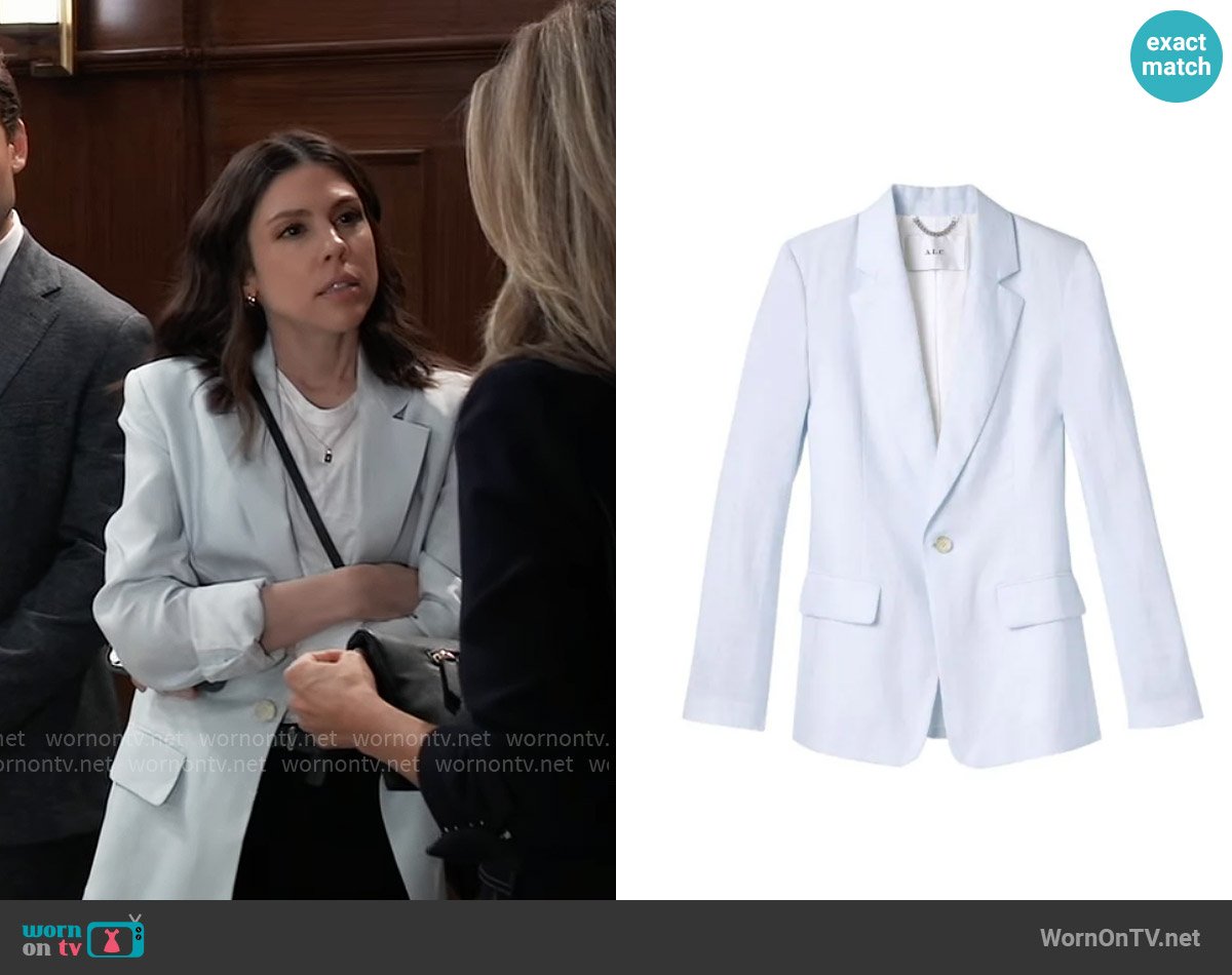 A.L.C. Arlo Linen Blazer in Ice Water worn by Kristina Corinthos-Davis (Kate Mansi) on General Hospital