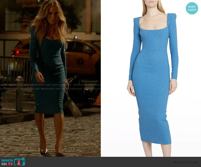 Alex Perry Tiernan Strass Strong-Shoulder Midi Dress worn by Carrie Bradshaw (Sarah Jessica Parker) on And Just Like That