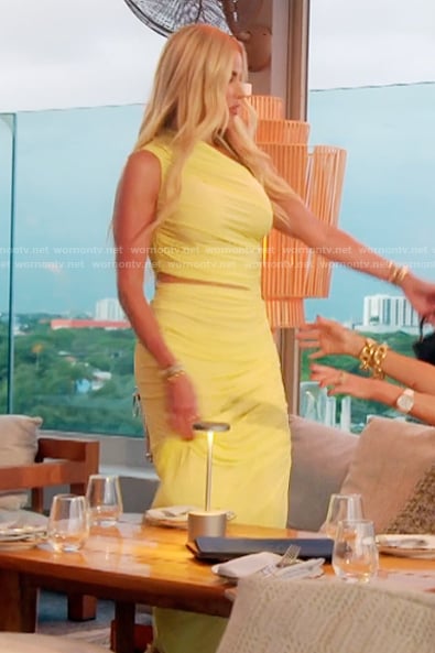 Alexis’s yellow one shoulder cutout dress on The Real Housewives of Miami