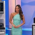 Alexis’s turquoise green one-shoulder dress on The Price is Right