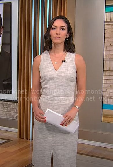 Ali Bauman’s tweed v-neck sheath dress on CBS Mornings